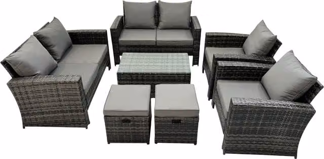 Fimous 8 Seater Dark Grey High Back Rattan Garden Furniture Set with Coffee Table and 2 Stools – 1
