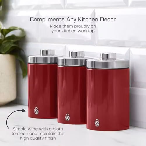 Swan Townhouse Set of 3 Airtight Stainless Steel Storage Canisters, Red – 5