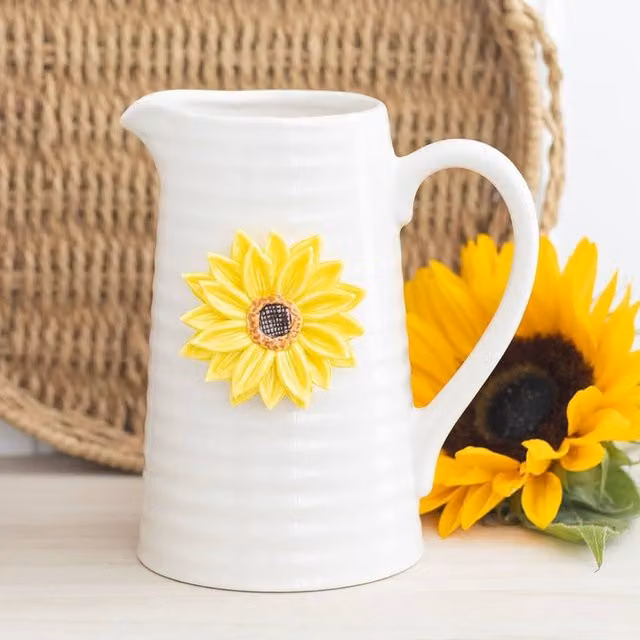 Uniqueful Hello Sunshine Ceramic Flower Jug with 3D Sunflower in White and Multicolour, Height: 15 cm