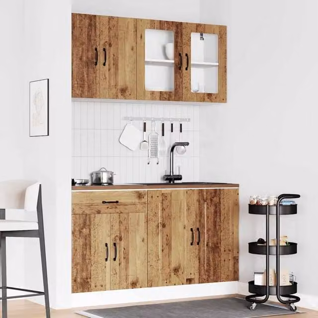 Berkfield Home Kalmar 4 Piece Kitchen Cabinet Set in Brown Old Wood with Glass Doors