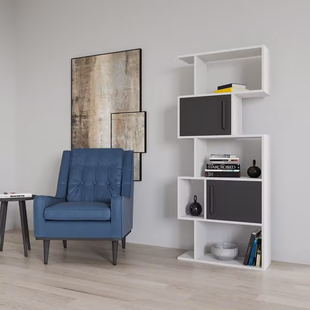 Decorotika Raven Bookcase with Cabinets in White and Anthracite, H 173.0 x W 71.0 cm
