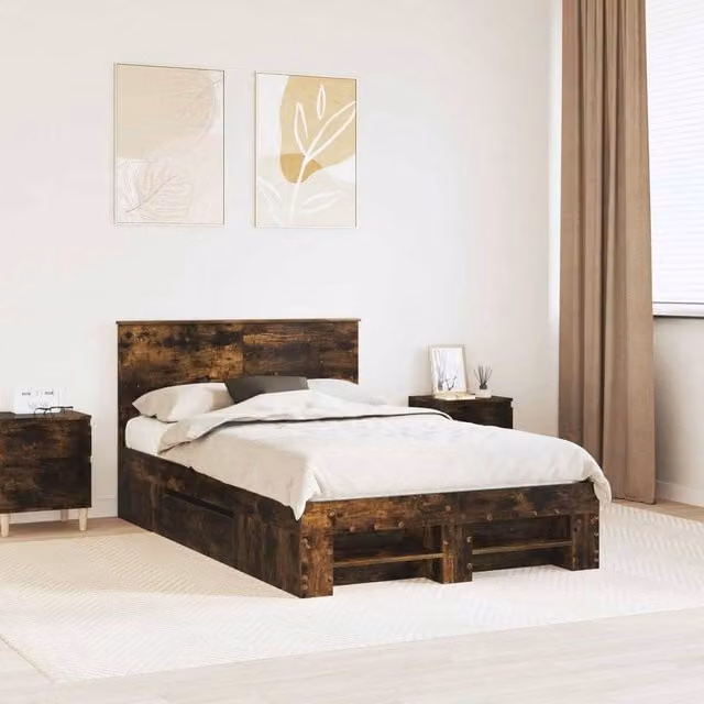 Berkfield Home Modern Bed Frame in Smoked Oak, Brown, W/D/H: 120 x 200 cm – 1