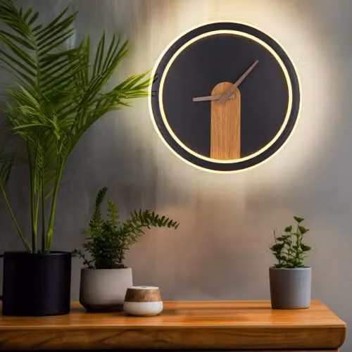 Globo Lighting Sussy LED Wall Clock Lamp in Matt Black and Wood, Warm White 3000K, D 31 cm – 4
