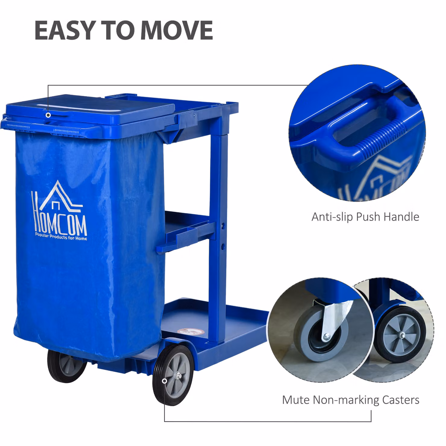 HOMCOM Blue Janitorial Trolley Housekeeping Utility Service Unit with 3 Tier Shelves, Rubbish Bag and Hooks – 5