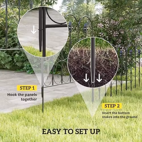 Outsunny Decorative Metal Garden Fencing, 5-Piece Black Picket Fence Border Panels – 3