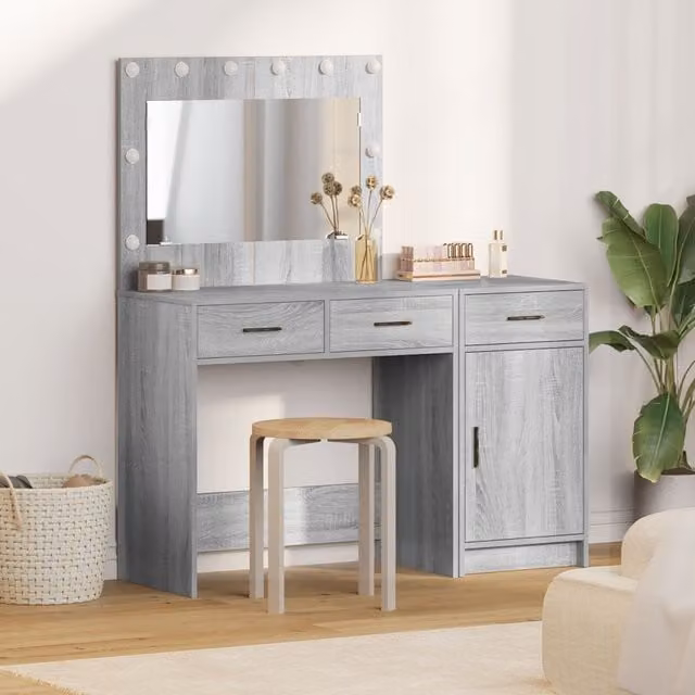 Berkfield Home 2-Piece Modern Dressing Table Set with Hollywood LED Mirror in Grey Sonoma MDF