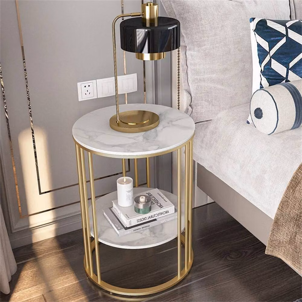 FLAVORA Gold and White Round Ceramic Coffee Table with Abstract Stone Design – 3