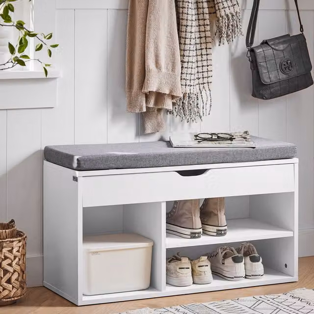 SoBuy Grey and White Shoe Storage Cabinet Bench Seat with Linen-like Fabric Seat