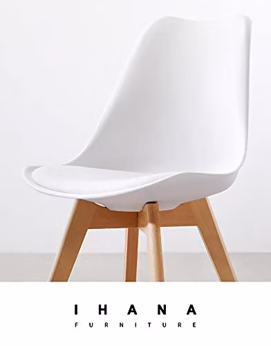 IHANA Mid Century Modern Dining Chair with White Cushioned Seat and Solid Beech Wood Legs, H 82 x W 48 x D 56 cm – 2