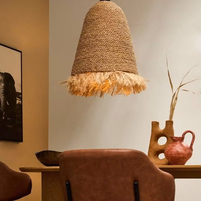 Wyld and Coco Handwoven Boho Pendant Lamp in Water Hyacinth and Banana Fibre, Beige and Brown