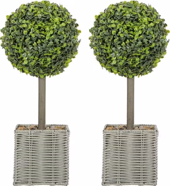 HOMCOM Set of 2 Green Artificial Boxwood Topiary Balls with Woven Pots and Pebbles, Height: 50 cm – 1