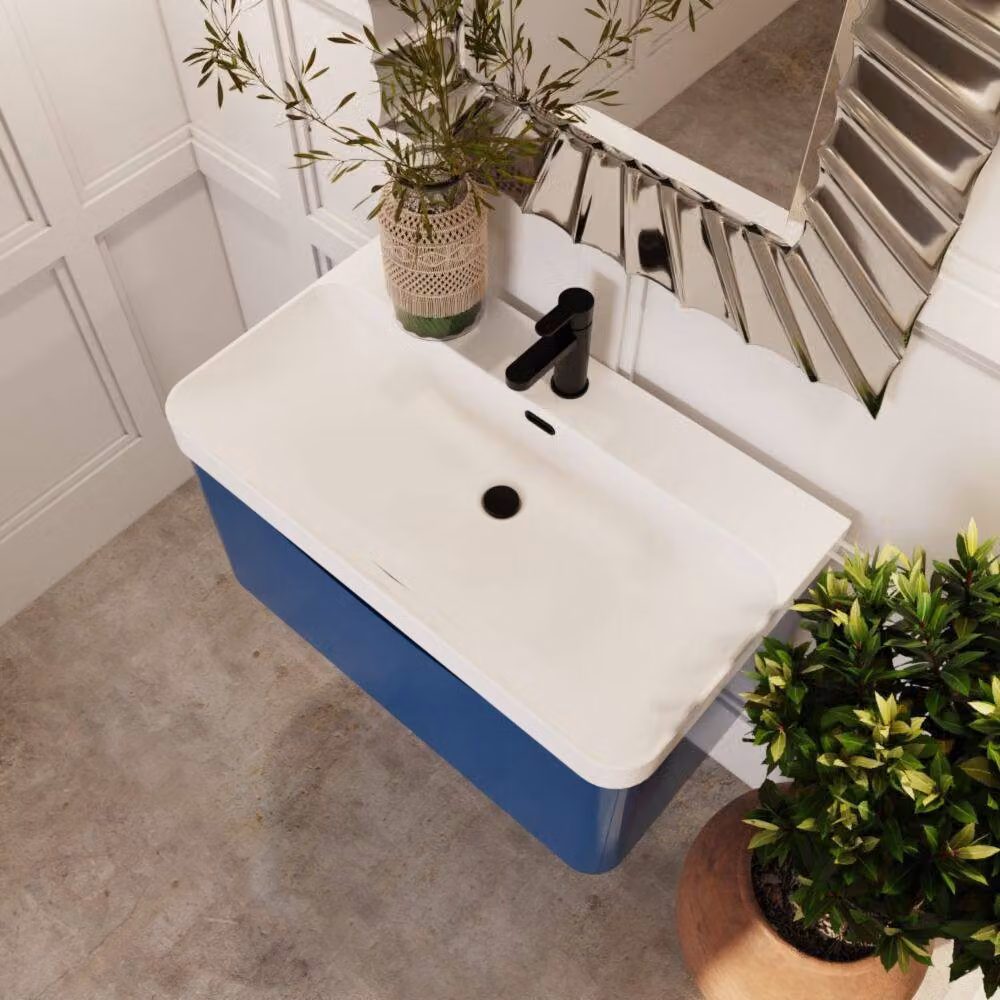 Balterley Arch Wall Hung 1 Drawer Bathroom Vanity with Ceramic Basin, Blue, Width: 80 cm – 2