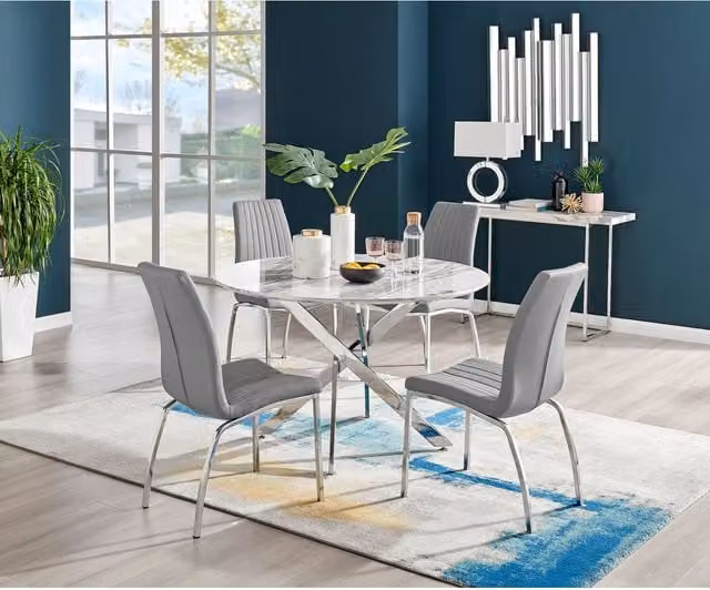 FurnitureboxUK Novara White Marble Effect Round Dining Table and 4 Isco Grey Chairs