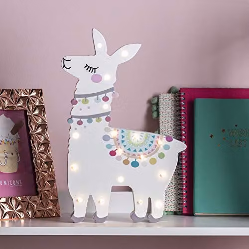 Lights4fun Llama Childrens Battery Operated Nursery Wall Light with 17 Warm White LEDs in Multicolour and White, W/D/H: 30.0 x 21.5 x 2.5 cm – 2