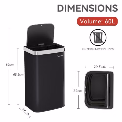 CozyLiving Automatic Motion Sensor Kitchen Bin with Soft Close Lid, Black, W/D/H: 39.0 x 65.5 x 29.5 cm – 2