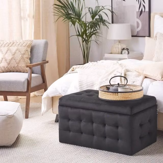 Wyld and Coco Luxor Black Velvet Tufted Storage Ottoman Bench