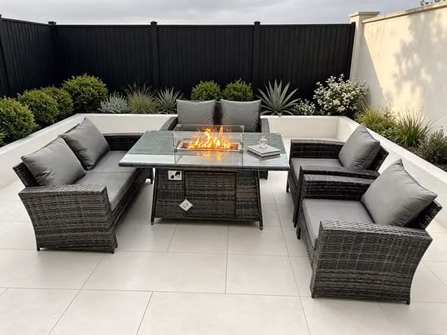 Fimous Modern Rattan Outdoor Gas Fire Pit Dining Set in Dark Grey