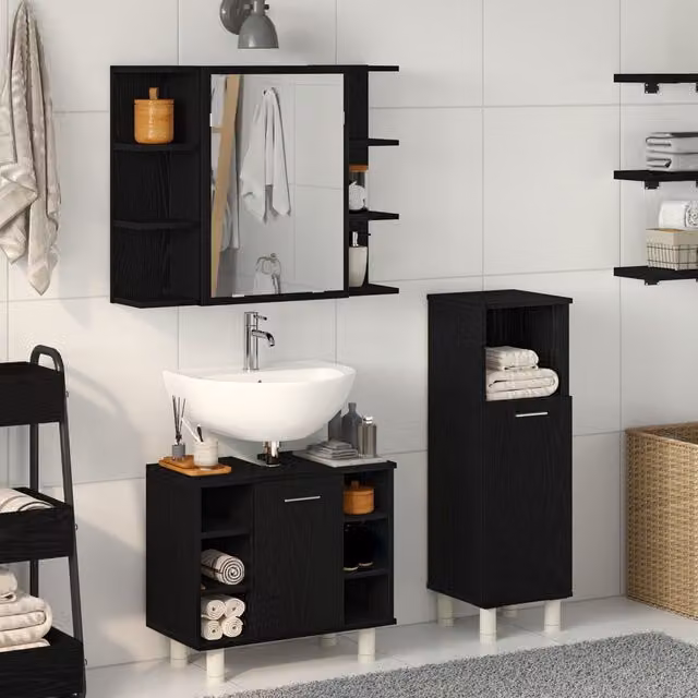 Berkfield Home Modern Black Oak 3-Piece Bathroom Furniture Set including Wall Cabinet, Tall Cabinet and Mirror Cabinet – 1