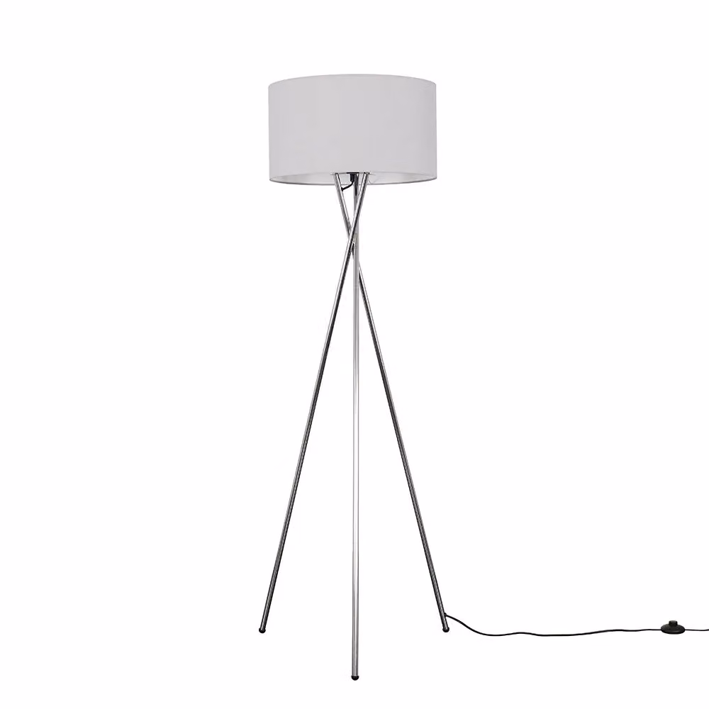 ValueLights Camden Polished Chrome Tripod Floor Lamp with Grey Fabric Drum Shade and Bulb – 3