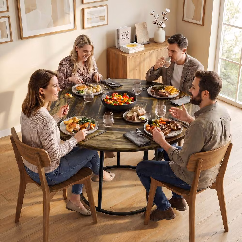 STILVORA Rustic Round Dining Table for 4-6 Adults in Brown with Black Metal Base, Diameter: 120 cm – 2