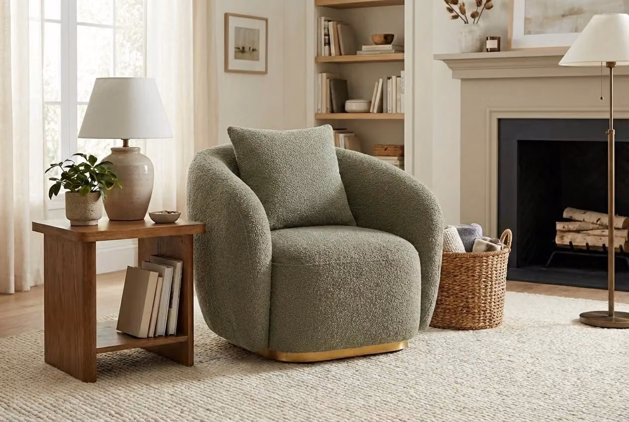 Araco Atelier Cleo Armchair in Laurel Beige and Green Bouclé Fabric