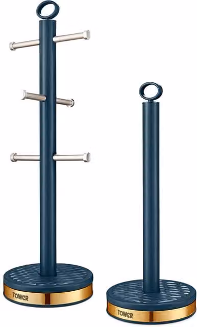 Empire Freestanding 6 Cup Mug Tree and Towel Pole Set in Blue and Black with Anti-Slip Stainless Steel Base