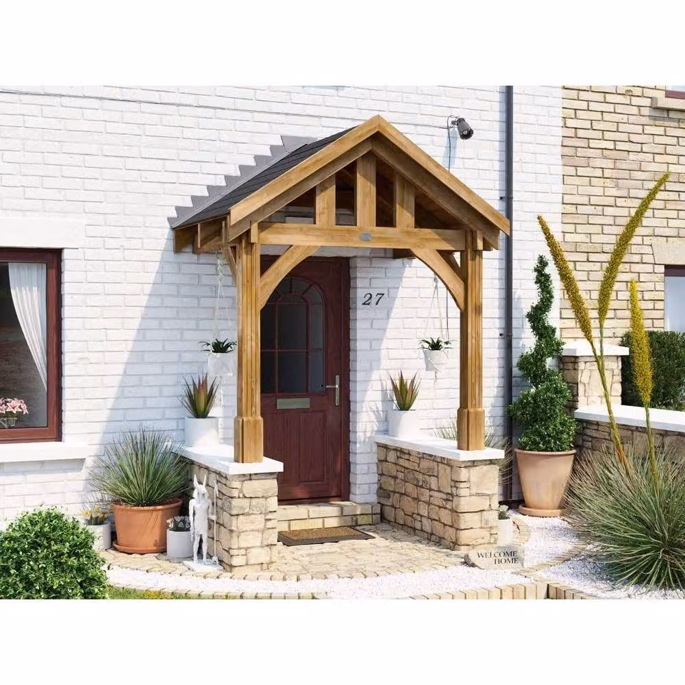 Dunster House Wooden Porch Canopy Kit with Black Shingles and 2 Posts in Brown, W: 200 cm, D: 150 cm – 3