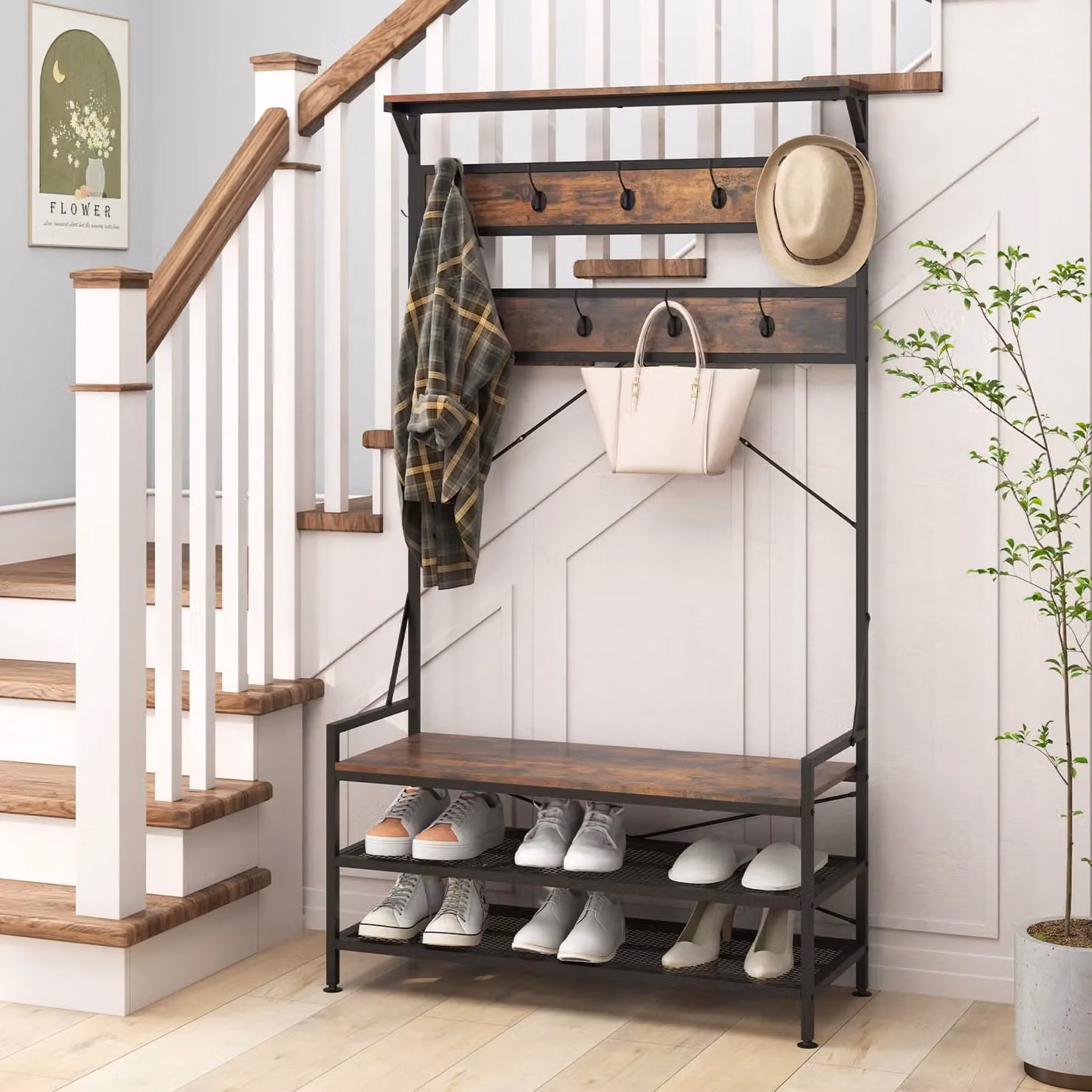 Costway 4-in-1 Industrial Hall Tree with Shoe Bench and 11 Hanging Hooks, Brown – 5