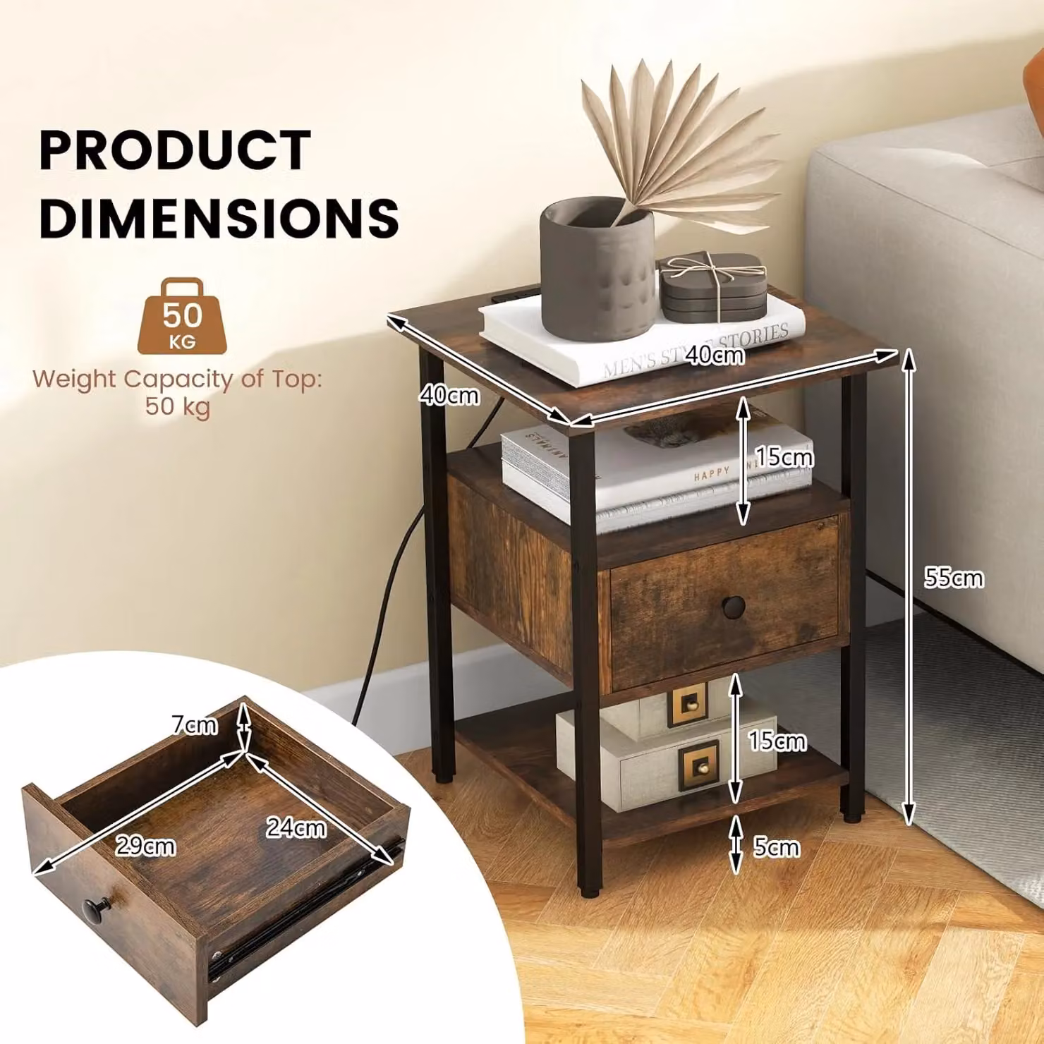 Gymax Brown Nightstand Bedside End Table with Charging Station, Drawer and Open Shelves – 5