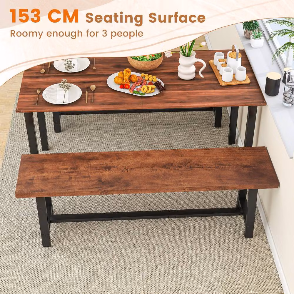 Costway Rustic Brown Wooden and Metal 3 Person Dining and Entryway Shoe Bench, W: 153 cm – 6