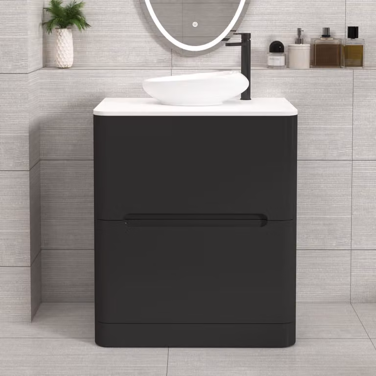 Royal Bathrooms Venice 700mm Floor Standing Vanity Unit in Matt Nocturne Black with 2 Drawers and Plain White Nova Basin