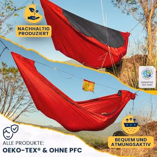 Ticket to the Moon Parachute Hammock Pro with Integrated Mosquito Net, Carabiners and Ridgeline, Bordeaux Red, 325 x 170 cm – 2