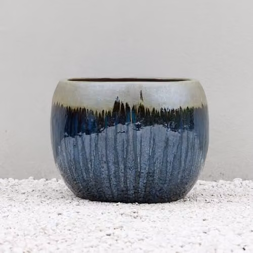 Primrose Glazed Round Clay Outdoor Planter in Blue, Gold and Green, Diameter: 40 cm – 1