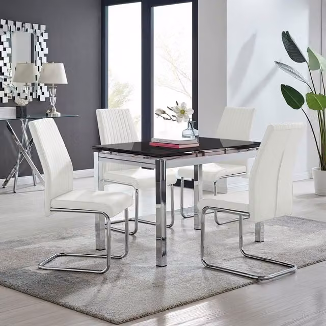Furniturebox Enna Black Glass Extending Dining Table and 4 Lorenzo Chairs in White