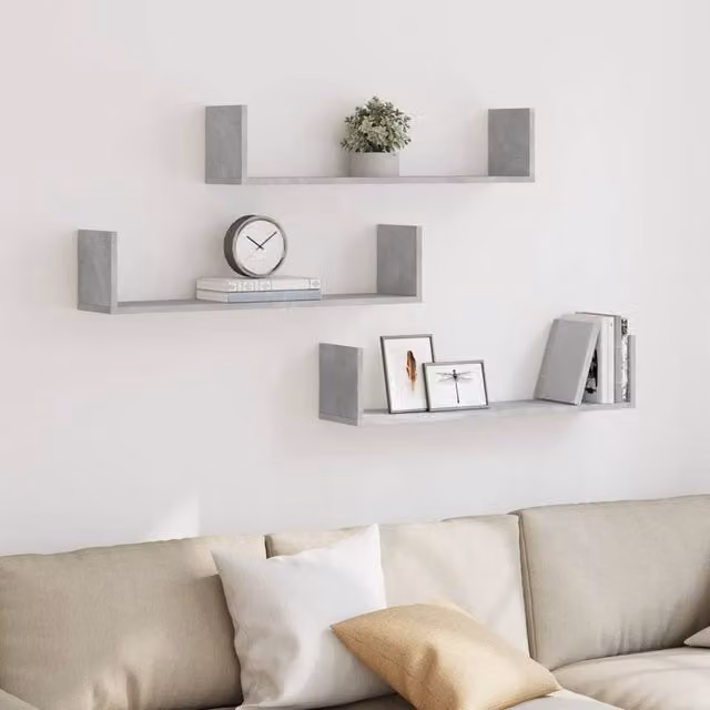 Berkfield Home Set of 3 Wall Mounted Shelves in Concrete Grey, W/D/H: 80 x 18 x 18 cm