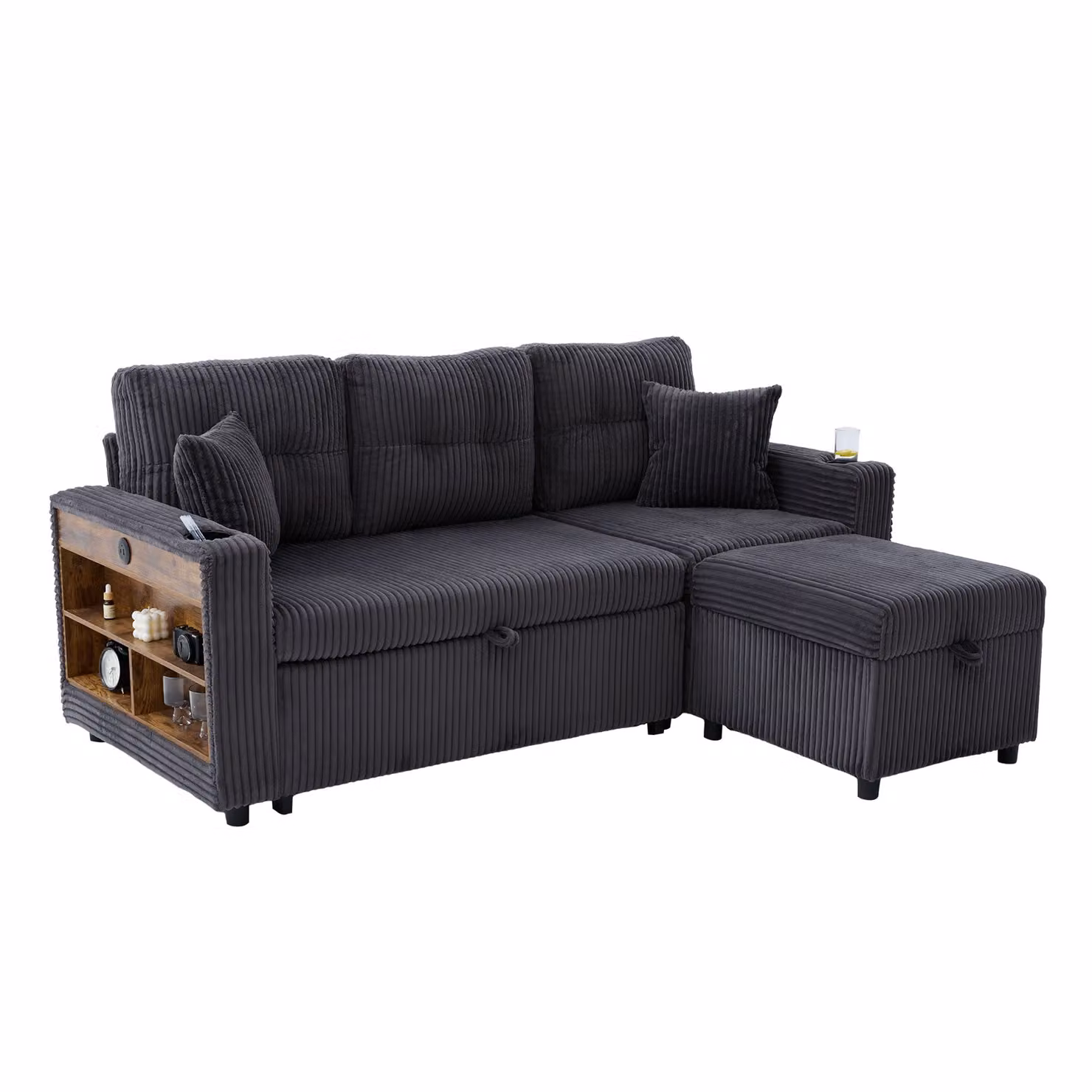 Aosom UK Modern Corduroy Sofa Bed with Pull-Out Bed, Storage, LED Lighting and USB Charging, Dark Grey, W: 82 cm, D: 196 cm, H: 85 cm – 2