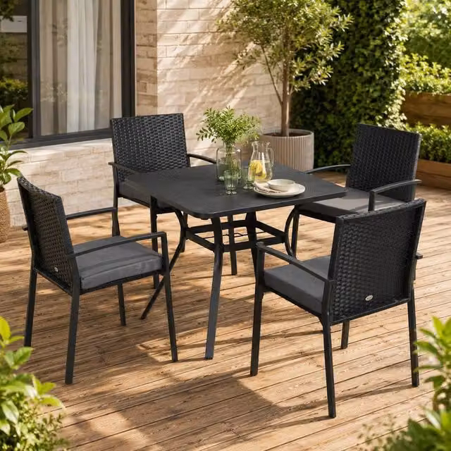 STILVORA Modern Square Garden Dining Set for 4 with Matt Black Powder Coated Steel Chairs and Table – 1