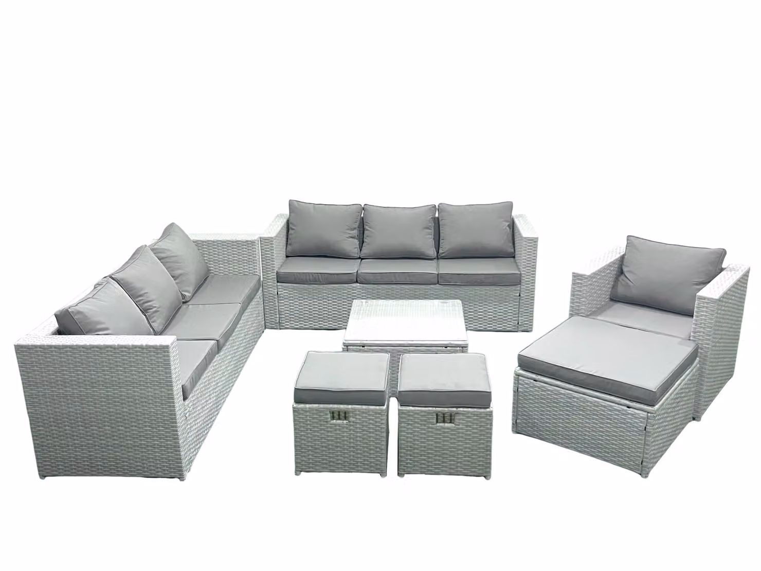 Fimous Wicker PE Rattan Garden Furniture Set in Light Grey with Armchair, Square Coffee Table and 3 Footstools – 2