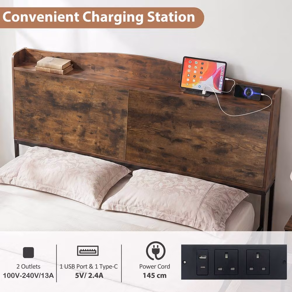 Costway King Size Industrial Metal Platform Bed Frame with USB Charging Station and Side Compartments, Brown, W/D/H: 180 x 200 cm – 6