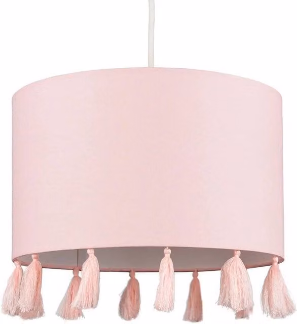 FORGEVIO Modern Cylinder Fabric Ceiling Light Shade with Tassels in Pink, H 30 cm x W 24 cm