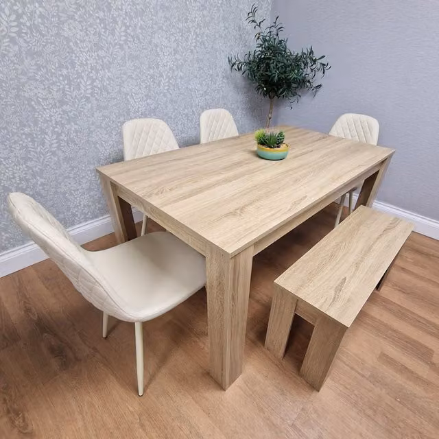 Kosy Koala Modern Rectangular Dining Table Set with Stitched Chairs and Bench in Oak and Beige/Grey