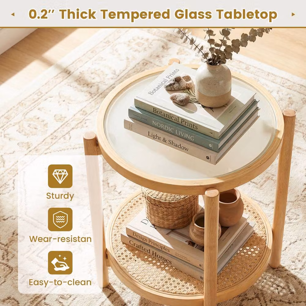 Gymax Round 2-Tier Boho Side Table in Natural Acacia Wood and Glass – 4
