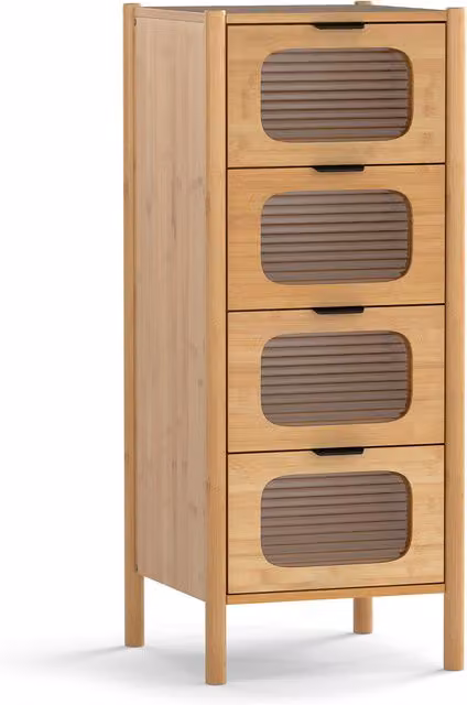Costway Brown Bamboo 4-Drawer Dresser with Rattan and Glass Details