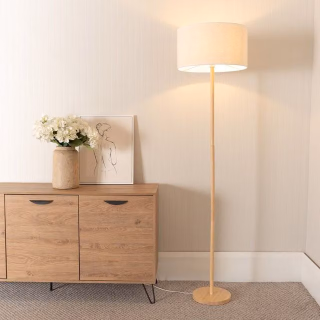 ValueLights Heather Single Stem Floor Lamp in Light Wood with White Fabric Drum Shade, H 180 cm x W 45 cm x D 45 cm
