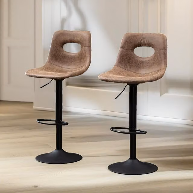 FURNOS Set of 2 Height Adjustable 360 Swivel Barstools with Curved Backrest in Brown Synthetic Leather – 1
