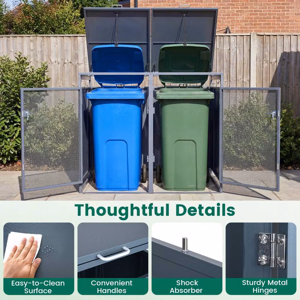 Costway Metal Trash Can Storage Shed for 2 Bins in Grey – 5