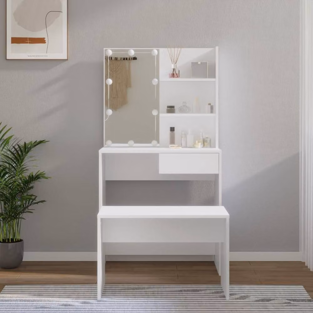 Berkfield Home Hollywood LED Dressing Table Set in White Matt Engineered Wood – 2