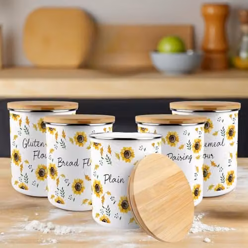 Purely Home Sunflower Enamel Flour Canister in Yellow and White with 2.7 l Capacity – 2