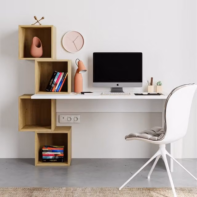 Decortie Modern Oak Writing Desk with Shelves