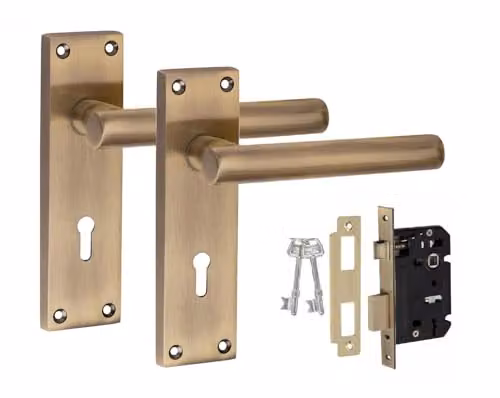Golden Grace Victorian Straight T-Bar Lock Door Handle Set in Gold and Bronze Brass